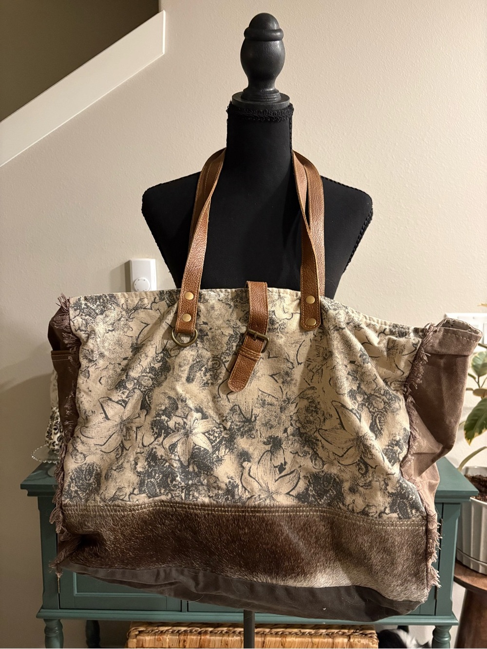 Myra Bag Cream and Brown Floral Canvas Leather-Trim Tote